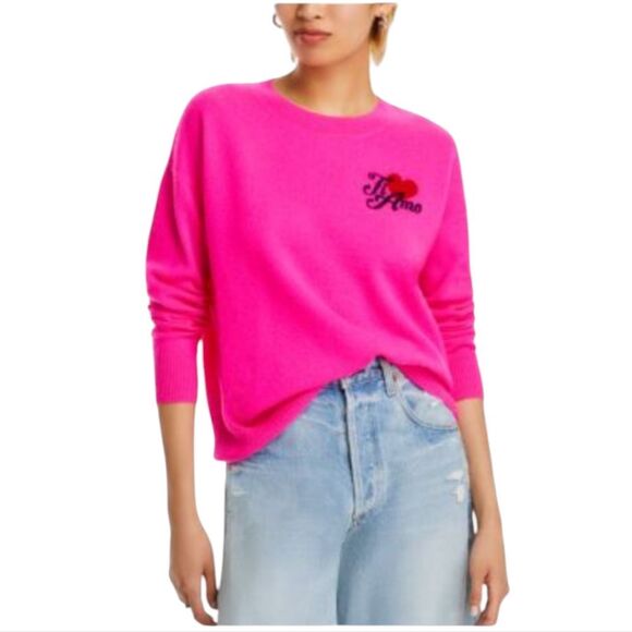 NWT Aqua Cashmere Sweater Bright Hot Pink Ti Amo Heart Crew Neck Size S - Picture 1 of 10